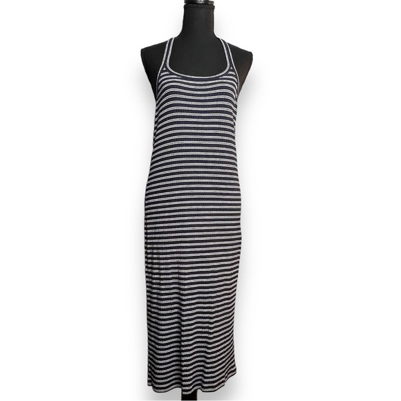 Madewell Womens Racerback Midi Tank Dress Large Striped Ribbed Navy Blue White - Picture 2 of 14